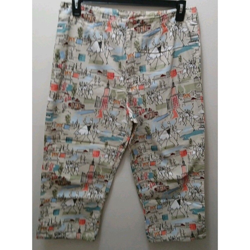 Vintage White Stag People City Artwork Multicolor Cotton Capris Womens Large